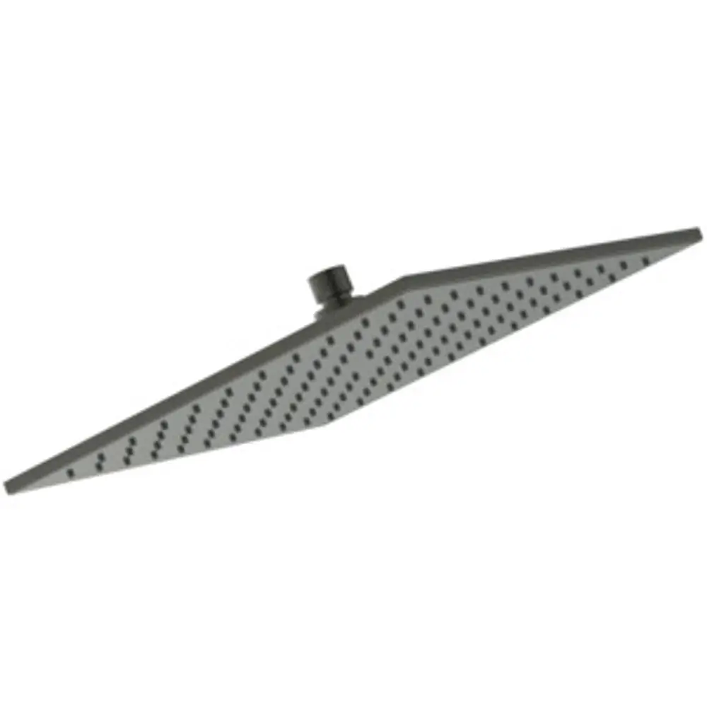 Graue Regenbrause mit flacher Oberfläche und zahlreichen Wasserlöchern, hergestellt von Ideal Standard. Montierbar an einer Decke oder Wand in einem Badezimmer.